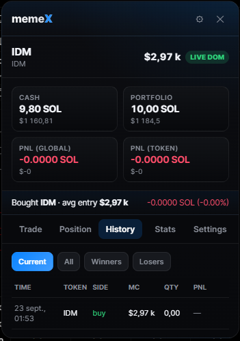 memeX Simulator — Paper Trading, capture 3