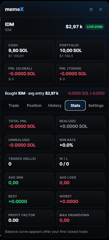 memeX Simulator — Paper Trading, capture 4